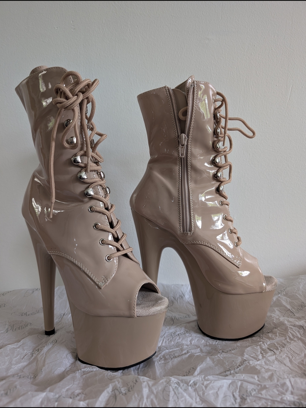 Adore Nude Patent Lace-Up Peep-Toe Platform Boots